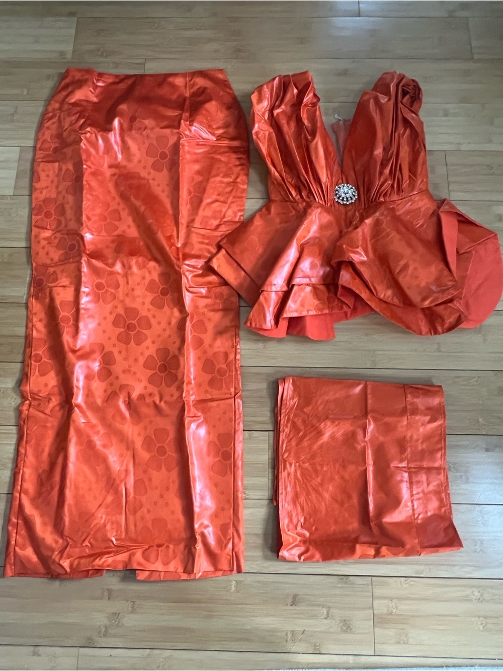 3Pc African Bazin Riche Skirt Set Orange Damask Brocade Peplum Top GeleMaxiSkirt